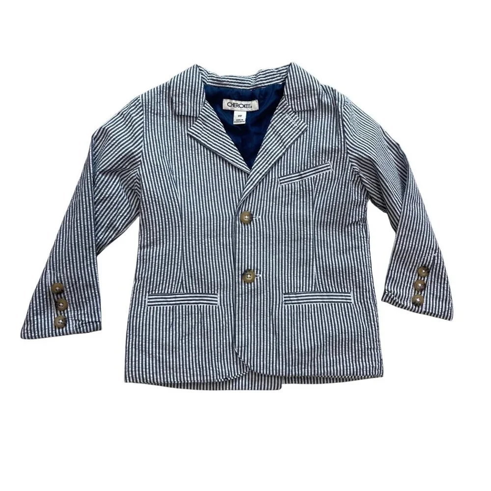 Cherokee Striped Seersucker Blazer Boys Size 3T Blue‎ White Notch Lapel Cotton